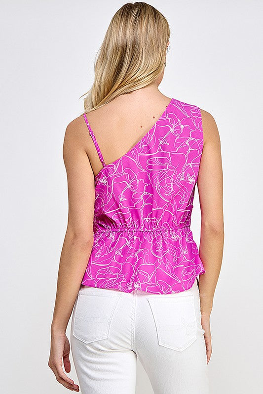 Blusa rosa de tirantes asimétrica con cuello drapeado