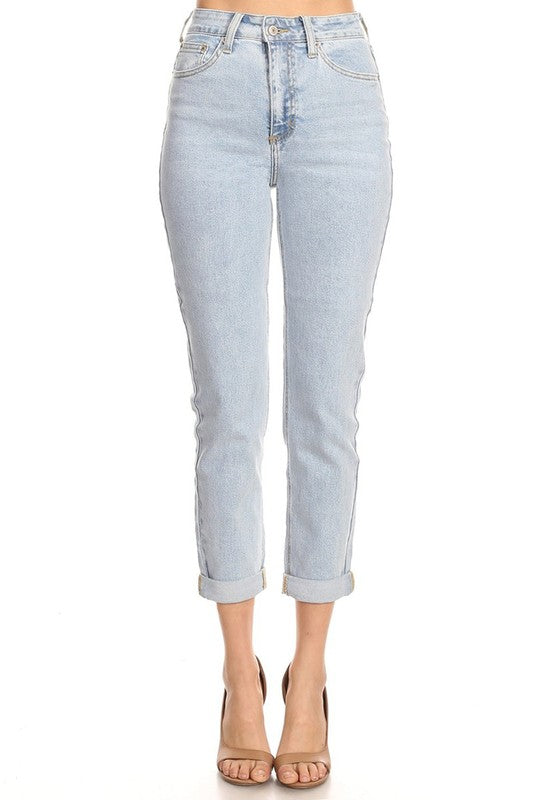Stretch Mom Jeans de Tiro Alto con Dobladillo Tipo Capri