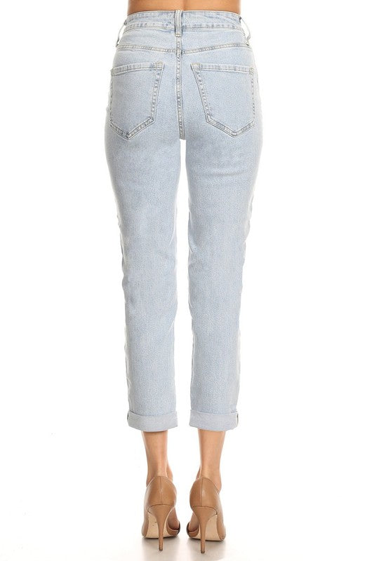 Stretch Mom Jeans de Tiro Alto con Dobladillo Tipo Capri