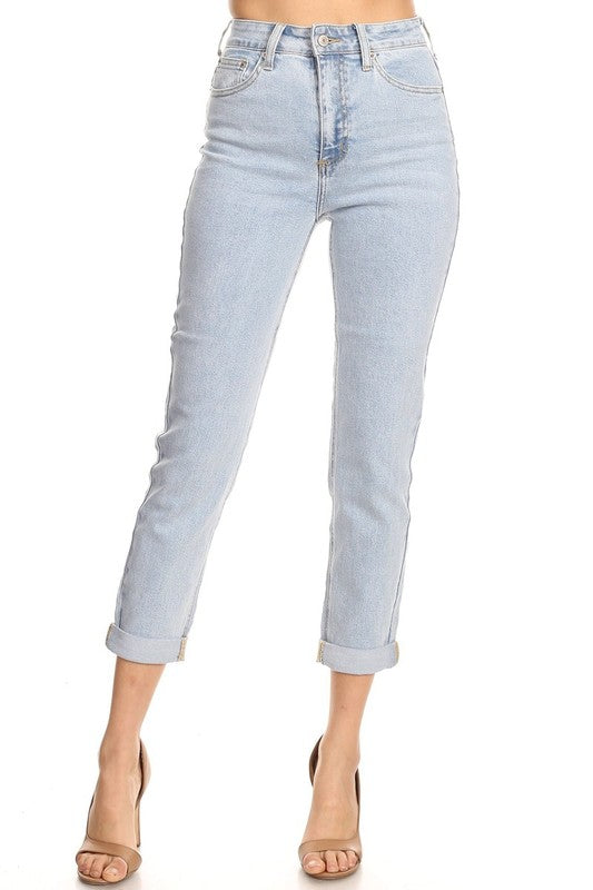 Stretch Mom Jeans de Tiro Alto con Dobladillo Tipo Capri