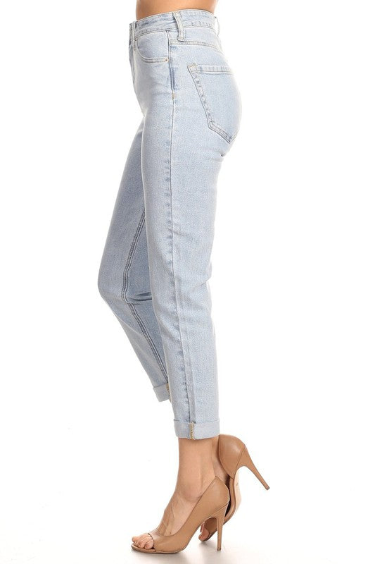 Stretch Mom Jeans de Tiro Alto con Dobladillo Tipo Capri
