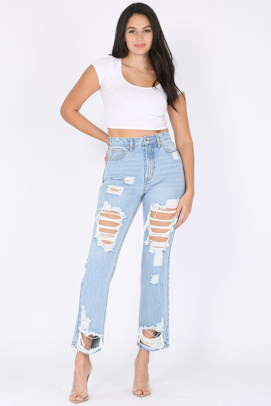 Jeans Straight Leg de Mezclilla Rígida en Azul Claro