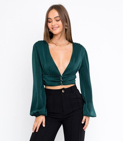 Crop Top Verde de Manga Larga con Botones Frontales