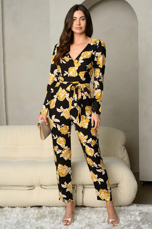 Jumpsuit Negro de Manga Larga con Estampado de Flores Amarillas