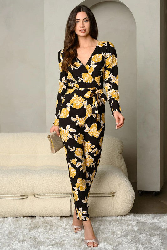 Jumpsuit Negro de Manga Larga con Estampado de Flores Amarillas