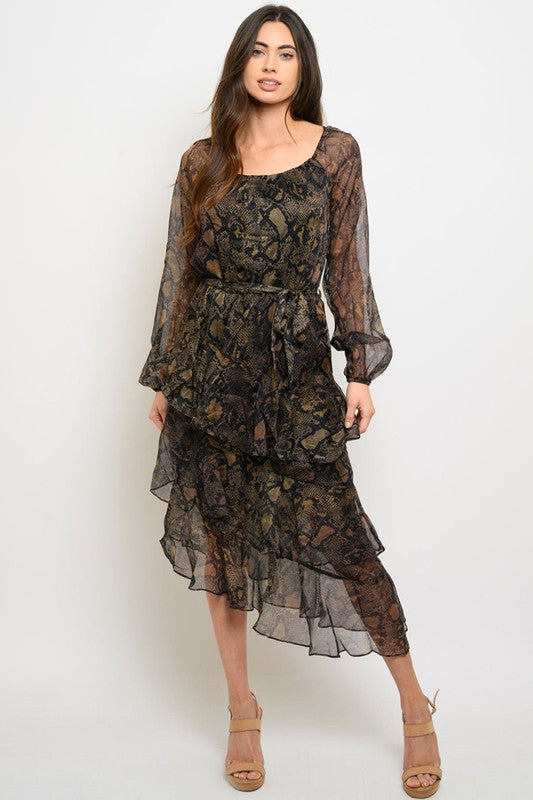 Vestido Midi Verde con Animal Print Negro