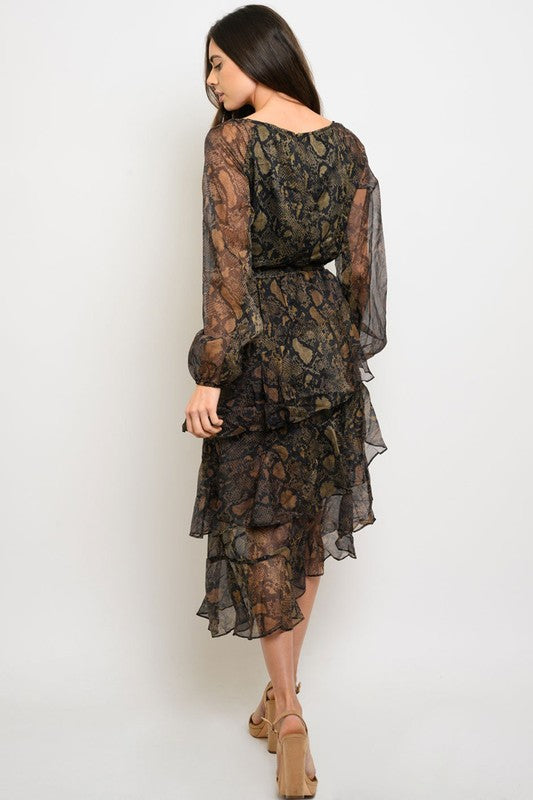Vestido Midi Verde con Animal Print Negro